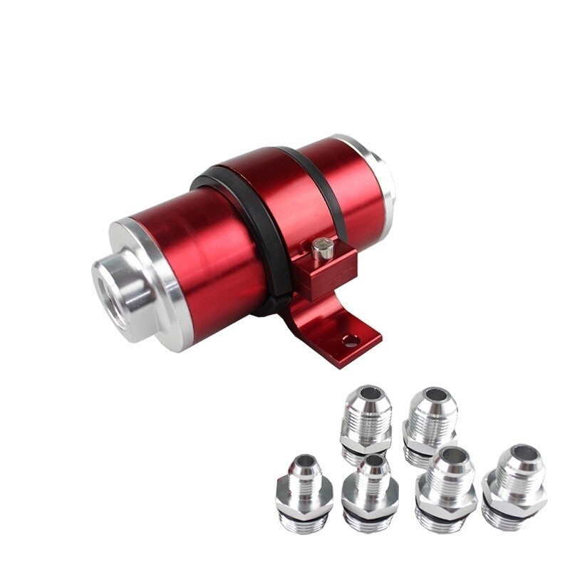 High-flow Billlet aluminum fuel filter, 100 micron element, AN6/8/10, adapter + bracket