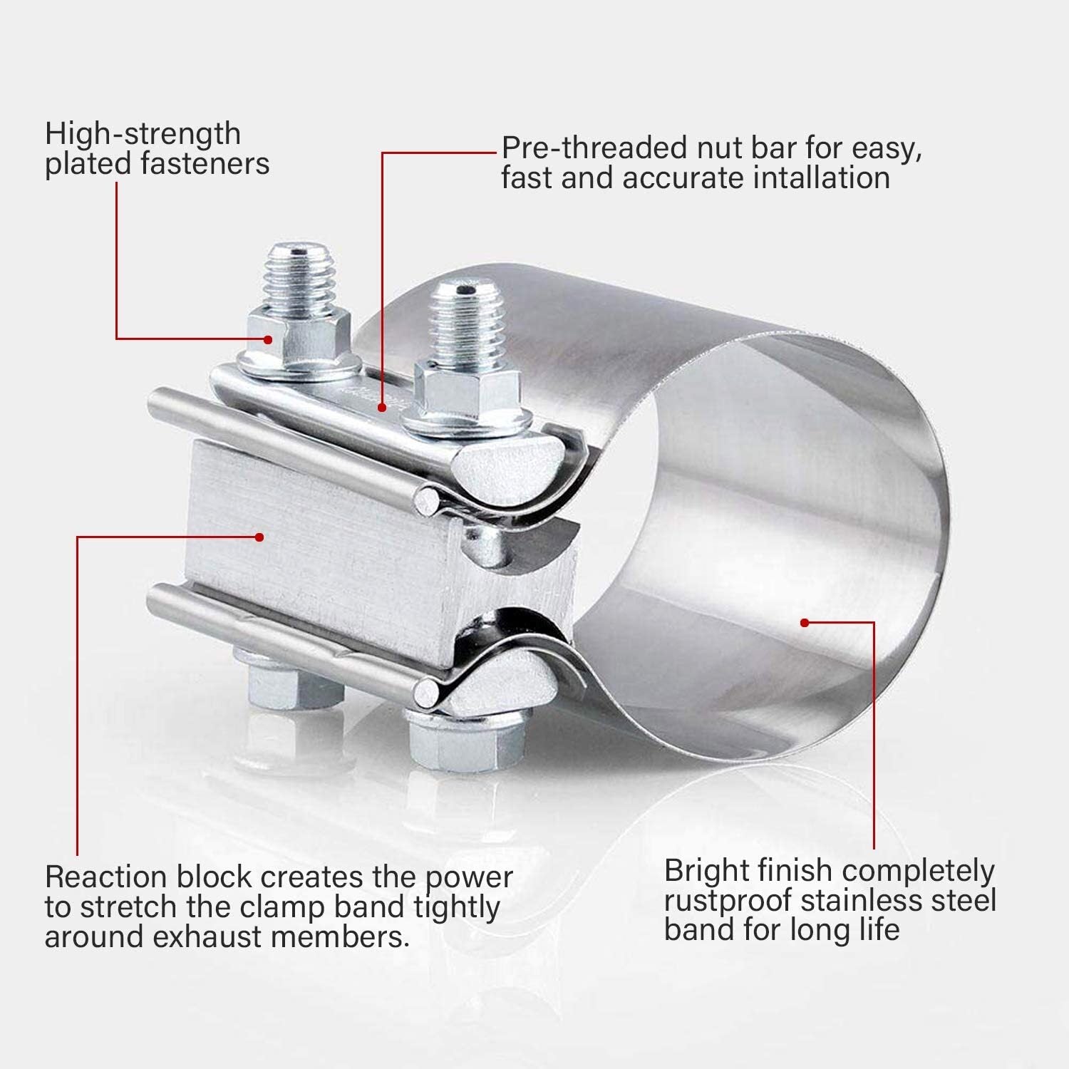 2 x 2.5-inch (2 1/2-inch) Butt Fittings with Clips - T304 Stainless Steel Exhaust with Clips