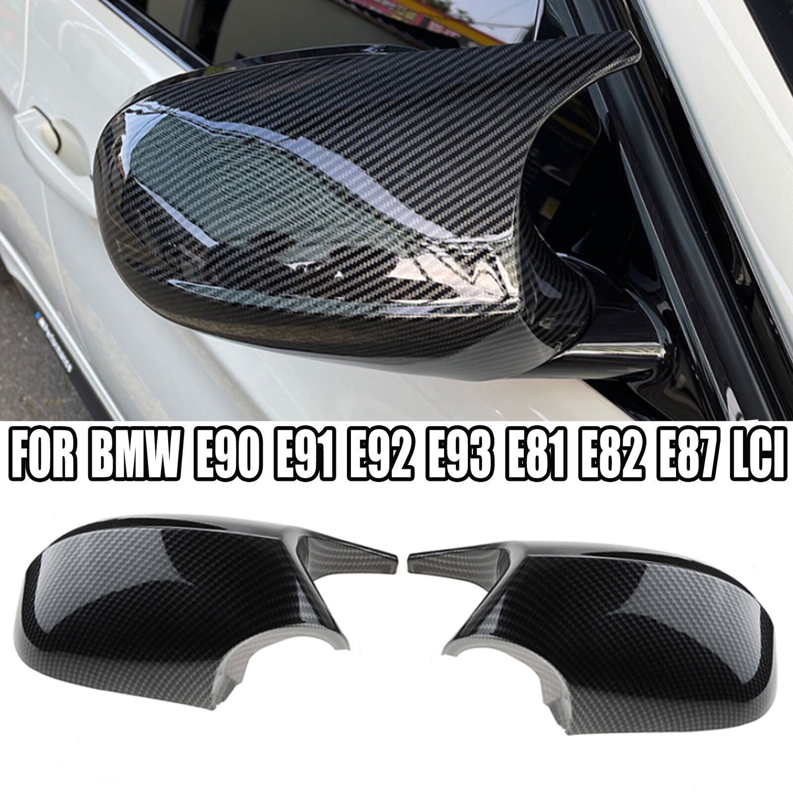Carbon fiber M3 style mirror protective case for BMW E90, E92, LCI, 328i, 335i (2009, 2010, 2011).