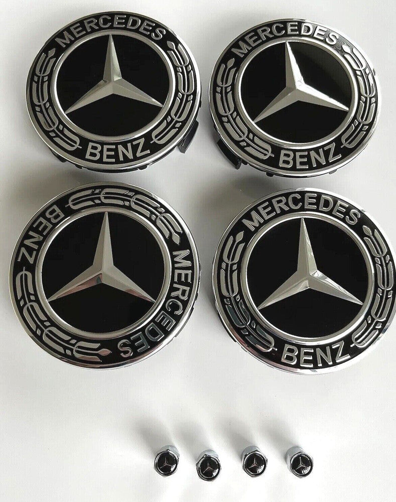 8-piece set of AMG car wheel center caps, black AMG wheels, and tire valve caps (75mm).