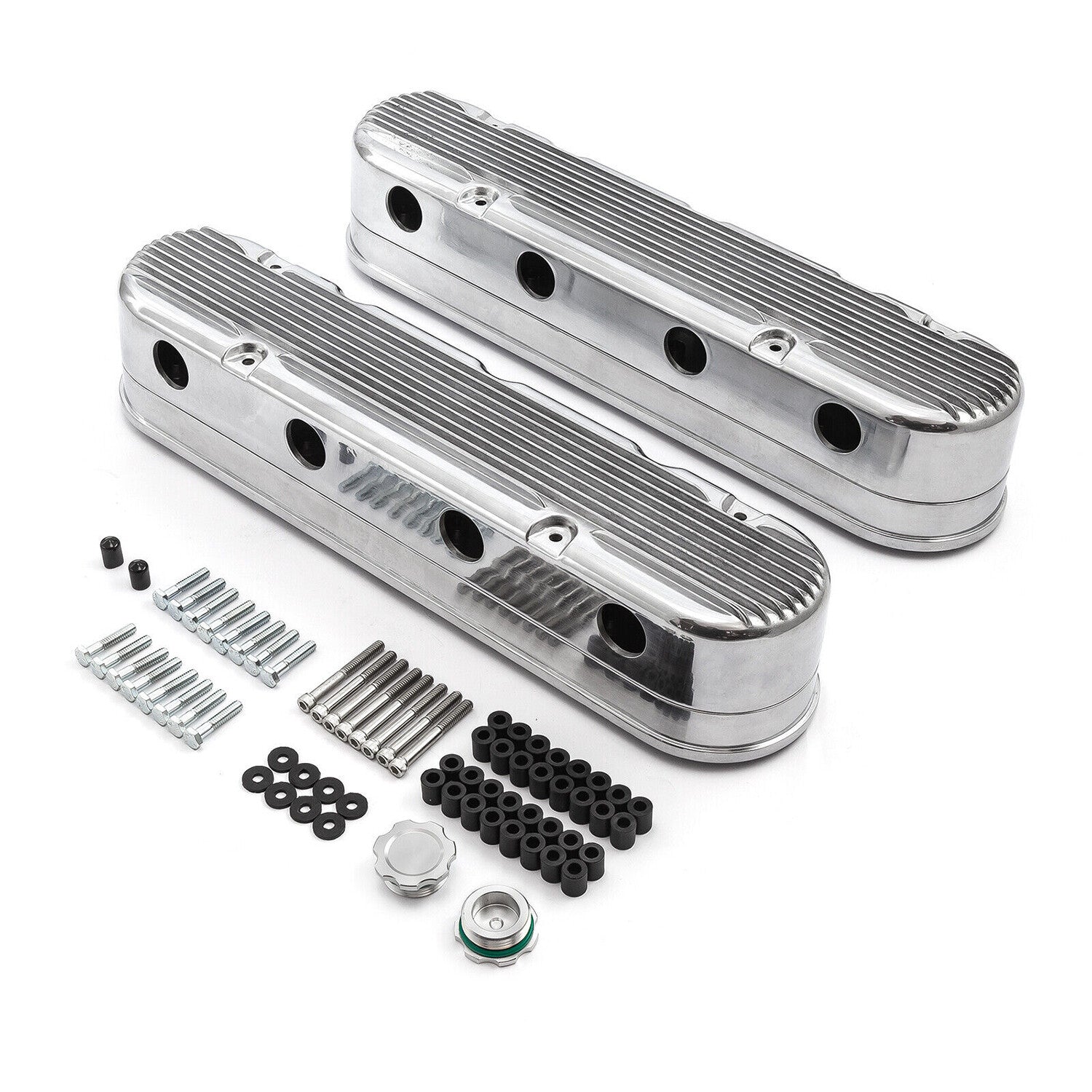 2PC Finned Vintage Hidden Coil Aluminum Valve Cover-Polished 241181 for Chevy LS