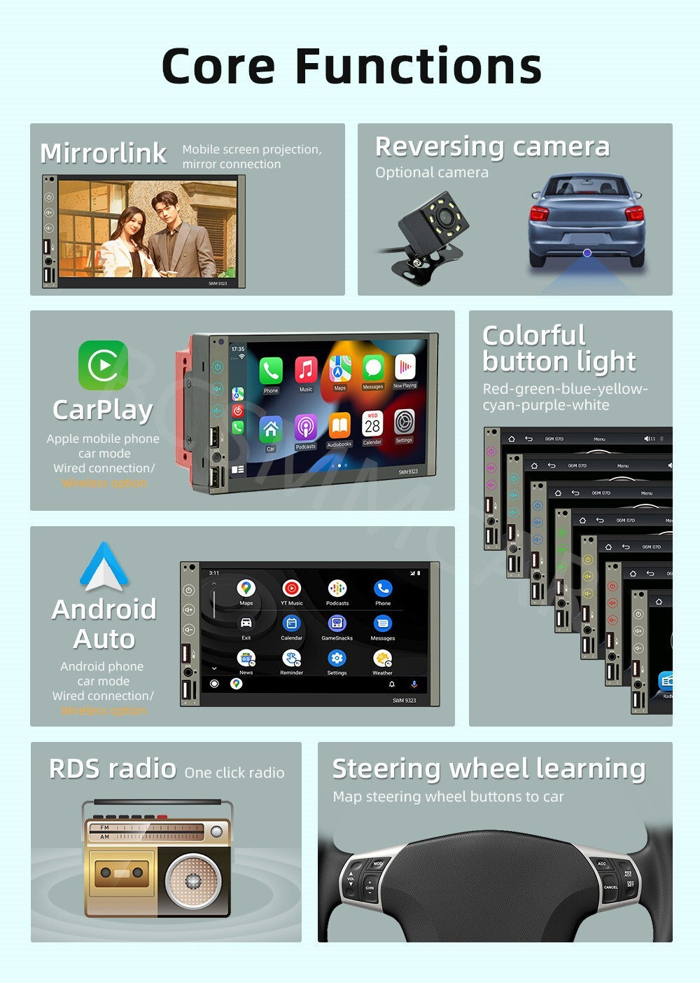 7in Double 2 DIN CarPlay Car MP5 Player Bluetooth Touch Screen Stereo Radio USB