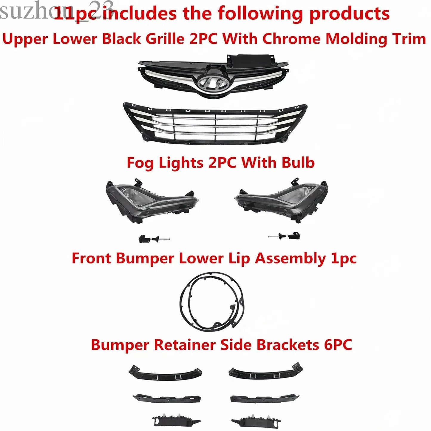 11PC for Elantra 2014-2016 Front Chrome Grille Mesh Fog lamps Bumper Bracket Kit