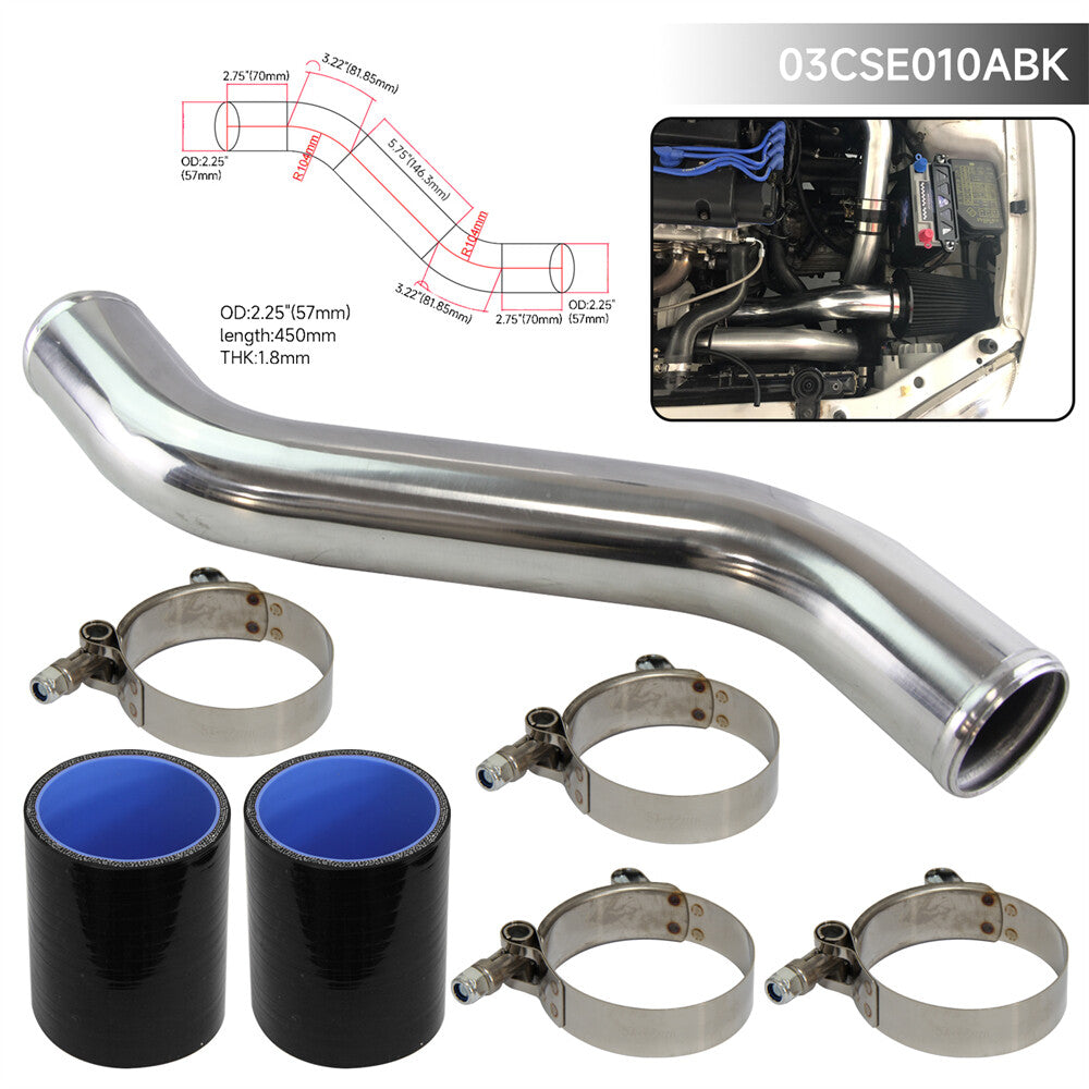 57mm 2.25'' S / Z Shape Aluminum Turbo Pipe Piping Tube +2PCS Silicone Hose BK