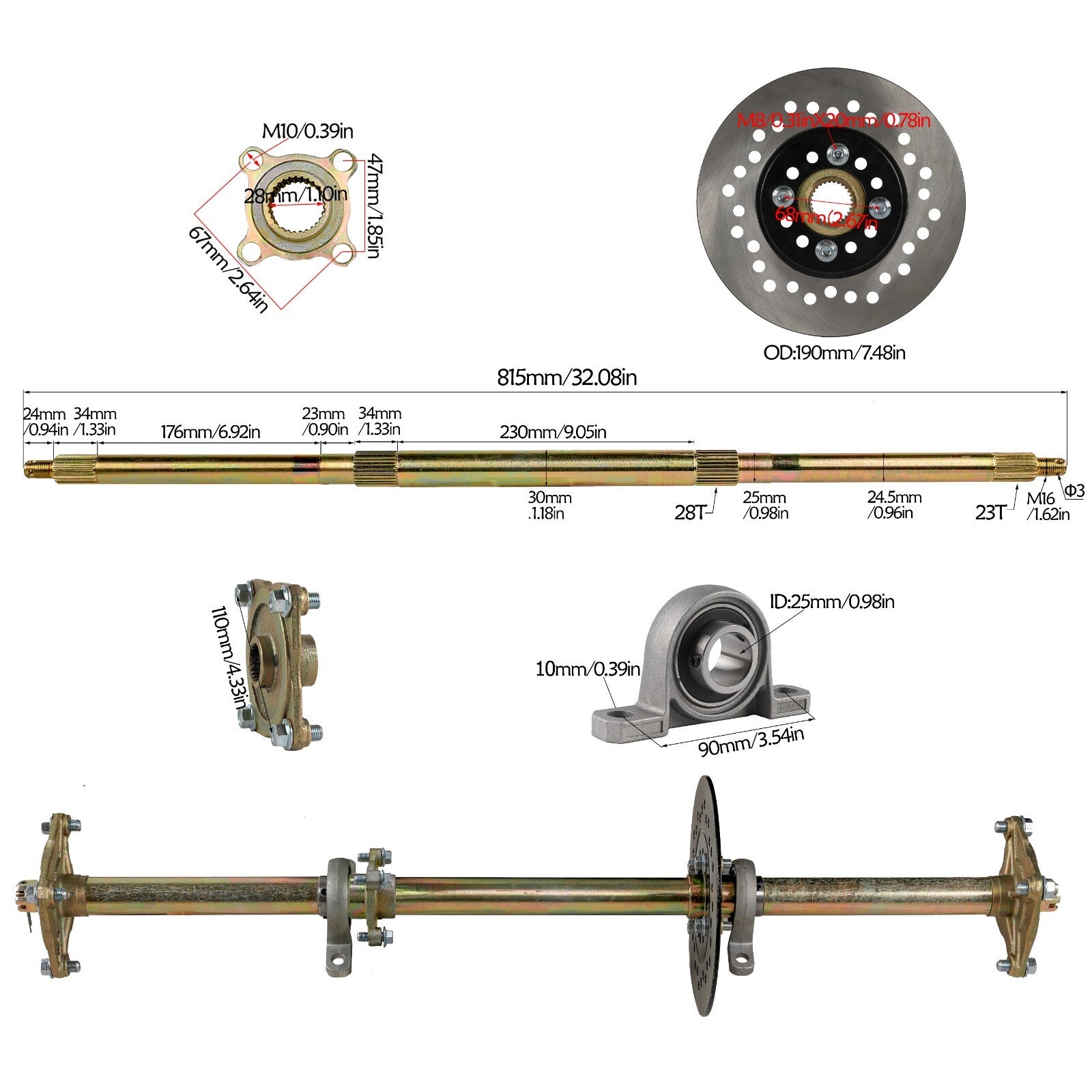 32-inch go-kart rear axle kit wheels for snow tracks suitable for all-terrain vehicles, off-road vehicles, and four-wheeled vehicles.