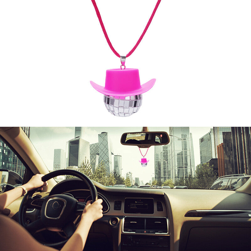 Cowboy Hat Disco Ball Car Ornamen Rearview Mirror Hanging Acessory Rope Pink