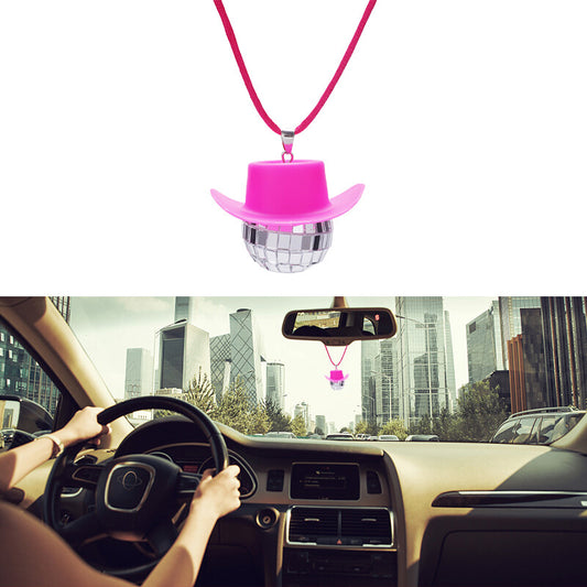 Cowboy Hat Disco Ball Car Ornamen Rearview Mirror Hanging Acessory Rope Pink