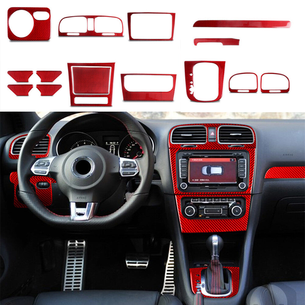 15PCS Red Carbon Fiber Interior Full Set Kit Trim for VW for Golf 6 MK6 GTI 2008-12
