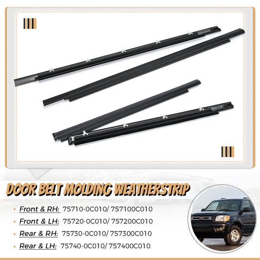 4pcs Weatherstrip Outer Lower Window for Toyota 01-07 Sequoia 4.7L Black Rubber