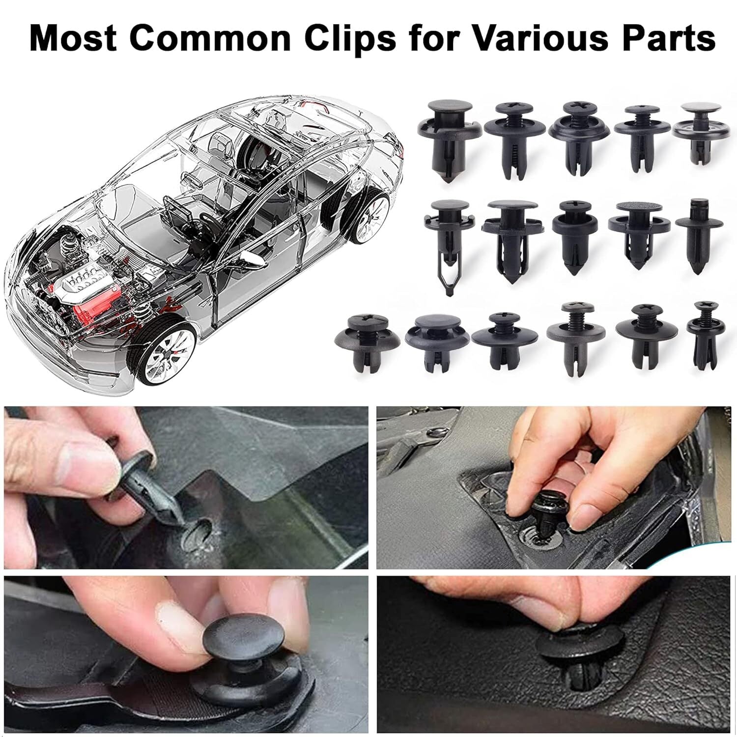 Car bumper mounting clips, plastic rivet clips, and decorative panel/mudguard clips