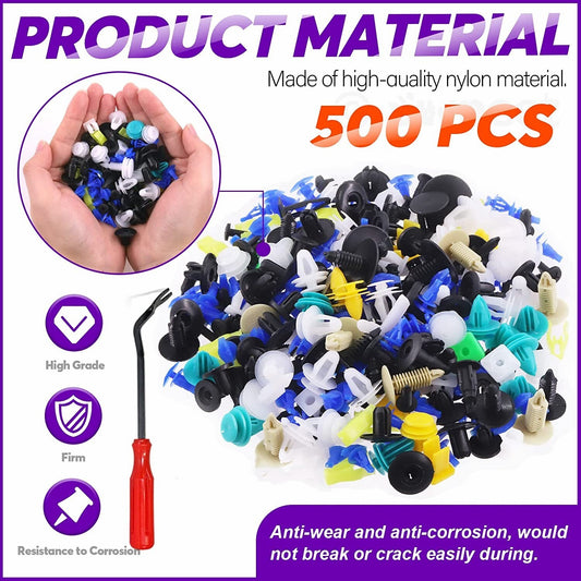 500-piece pack of car body trim clips, mudguard fasteners, and plastic fasteners for automotive panels.