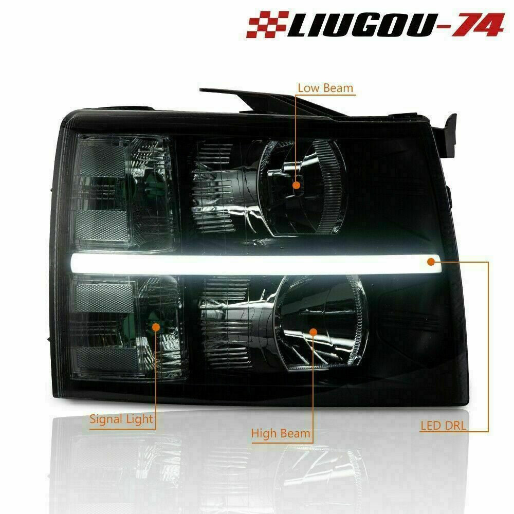 Smoke lens with black housing suitable for 2007-14 for Chevrolet Silverado LED light strip headlights (USA)