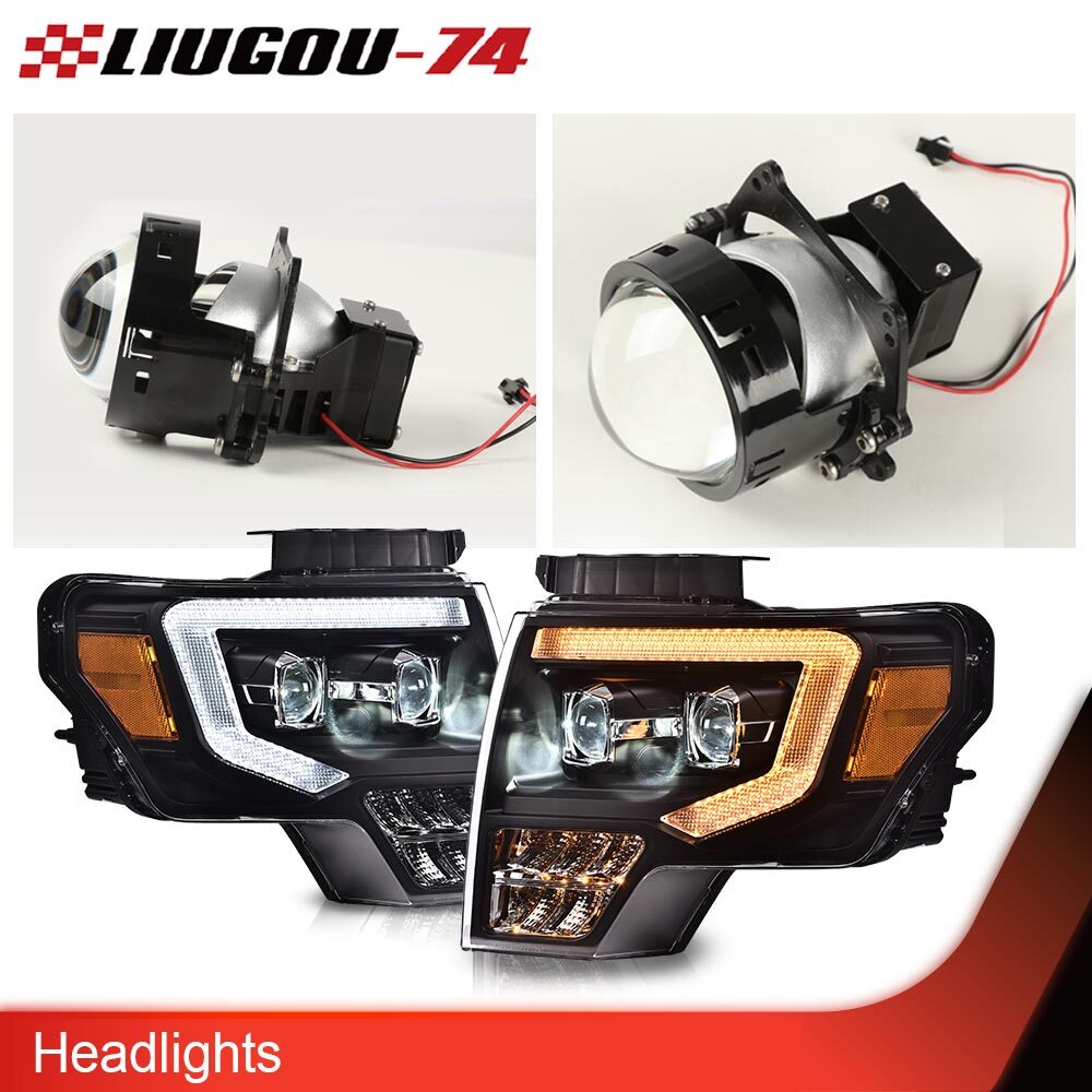 Fit For [Halogen] 2009-14 for Ford F150 Dual LED DRL Tube Projector Headlights (Black)