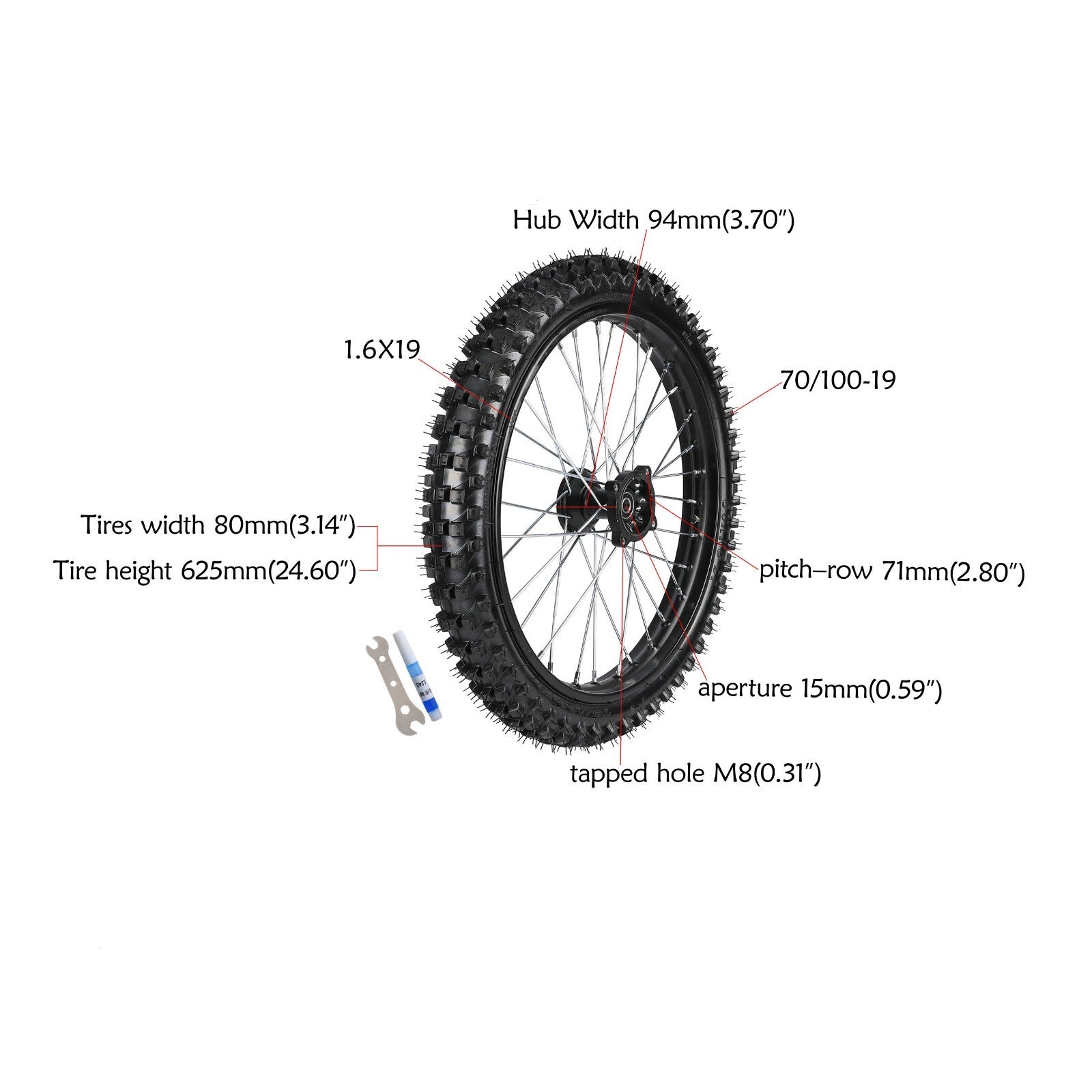 19-inch front wheel, 70/100-19 rim brakes suitable for Pit bicycles, Taotao 125cc, 150cc, 200cc...