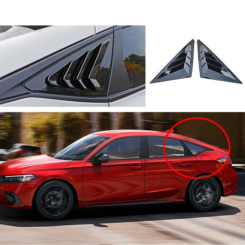 A pair of gloss black louvered window covers for the 2022-23 for Honda for Civic .