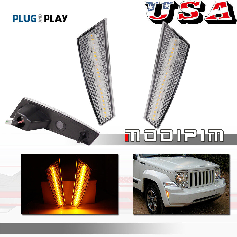 A pair of clear lens amber LED front bumper side marker lights for 08-12 for Jeep Liberty