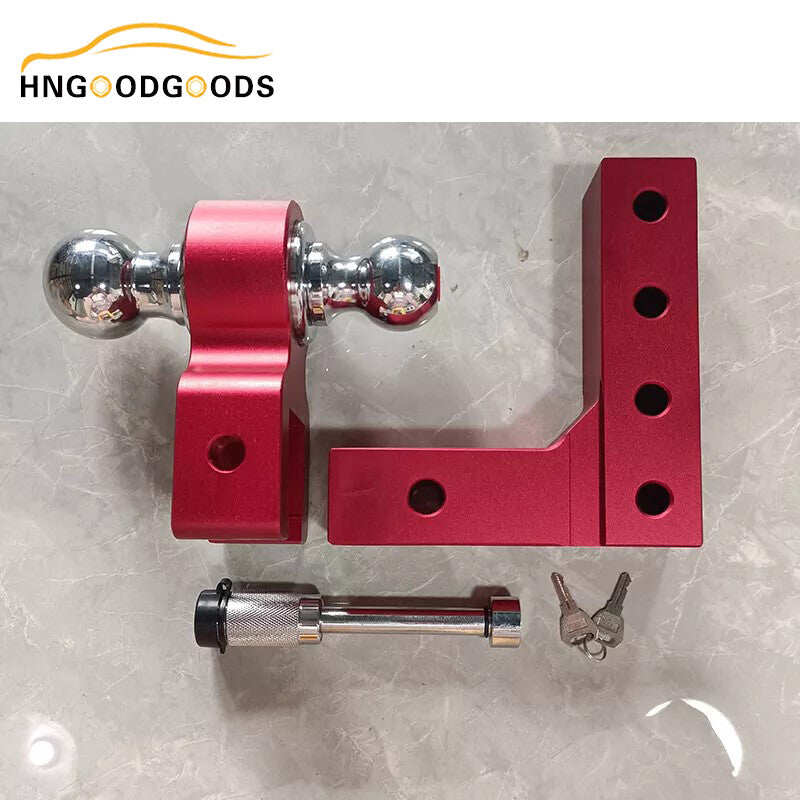 Red adjustable trailer hitch, double ball mount, fits 2-inch receiver, 6-inch drop-off.