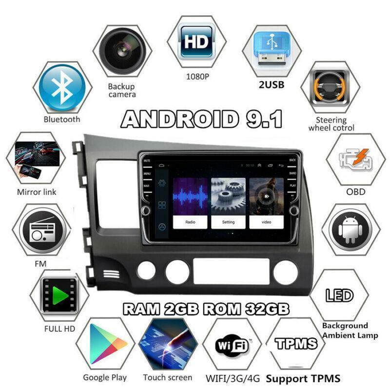 2DIN 9 Android 9.1 Stereo HeadUnit Radio GPS 2GB+32GB for Honda for Civic 2006-2011