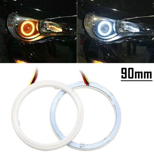 90MM White Amber Switchback LED Angel Eyes Halo Rings Car Headlight Retrofit