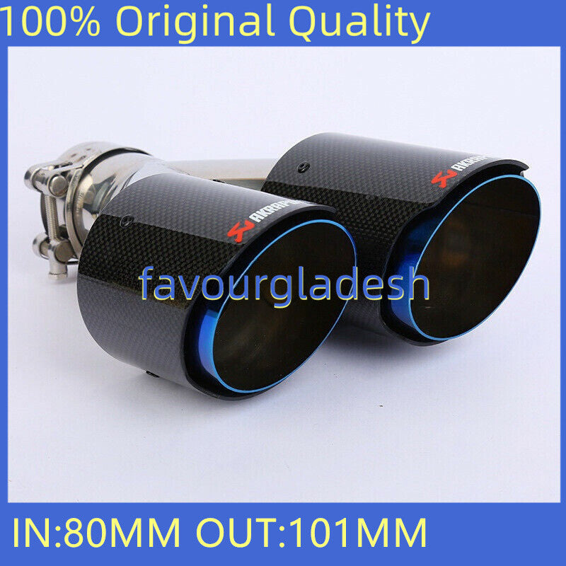 1X Universal Akrapovic Glossy Blue Carbon Fiber Dual Exhaust Tip ID:3.1'' OD:4.0