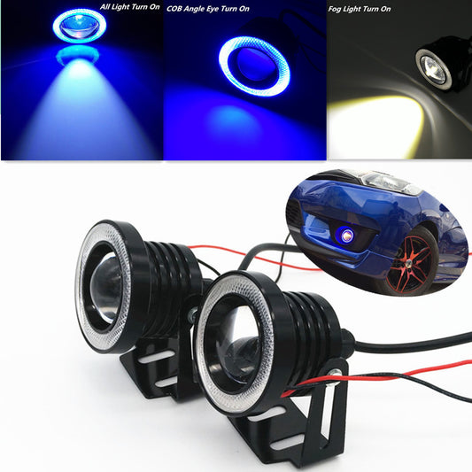 2x Car Fog Light Running Lamps Blue/White COB Halo 3 Angel Eye Ring Hawkeye