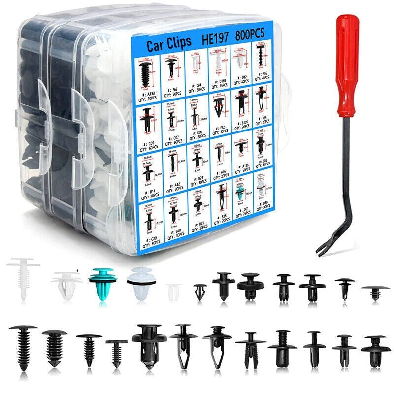 800-piece pack of auto fasteners, push-to-fit plastic clips, rivets, bumpers