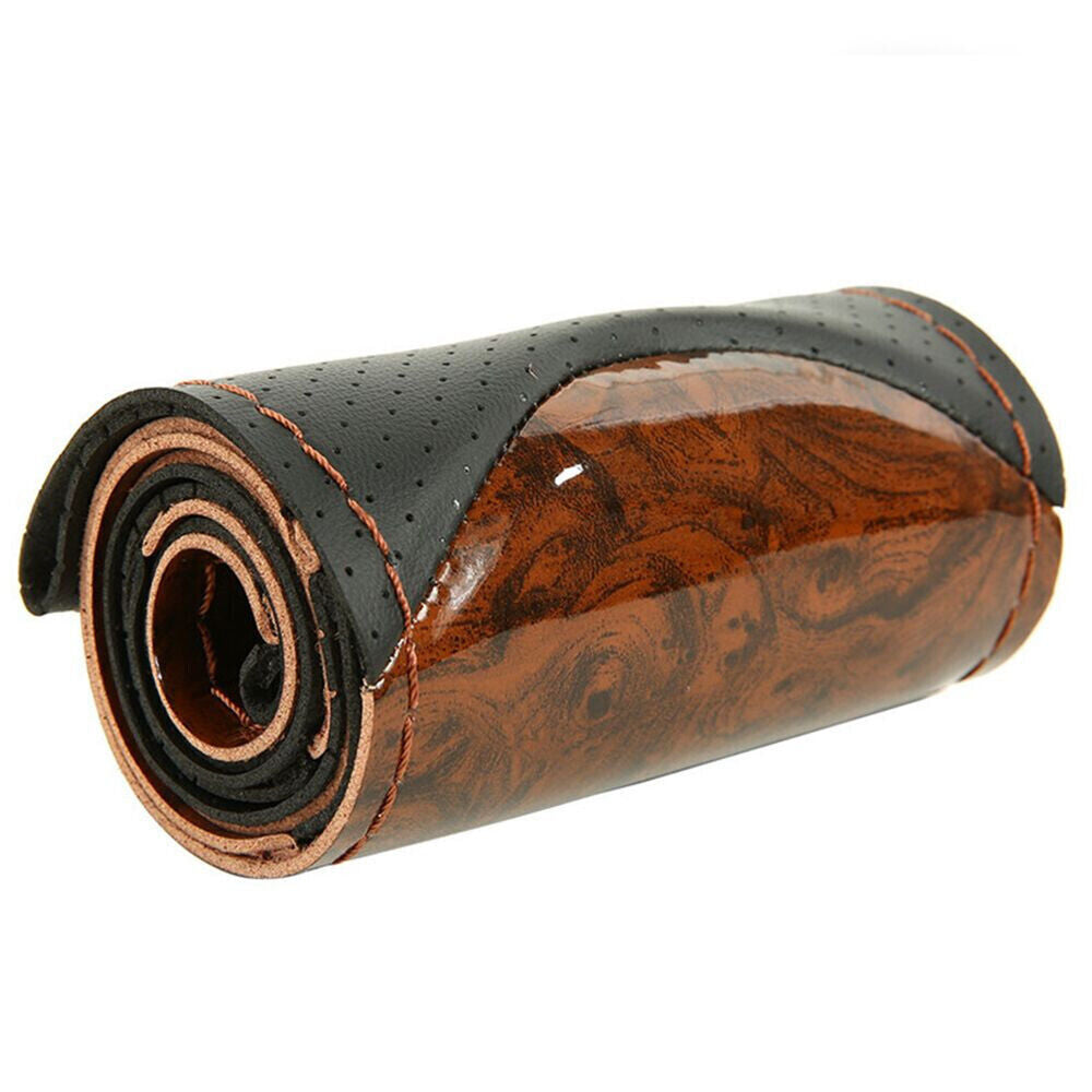 Wooden Leather Car Steering Wheel Cover Anti-Slip Booster Protection Case Part 38CM