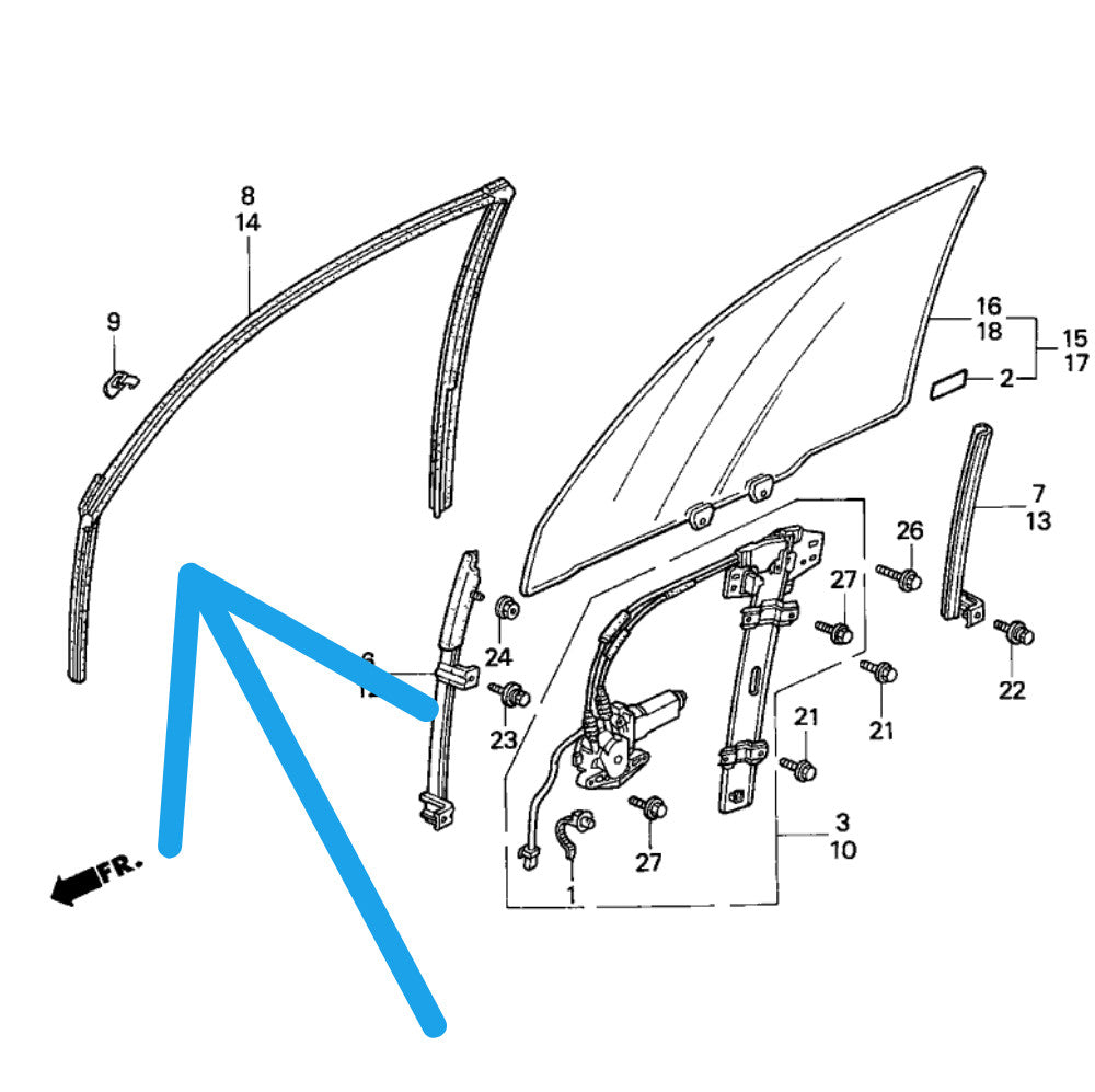 Rubber seal for molded glass guide rail of left front window running channel in Accord 03-07
