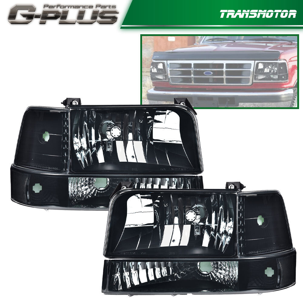 Suitable for 92-96 F150 F250 F350 Smoked/Transparent Headlights + Black Headlight Bezels