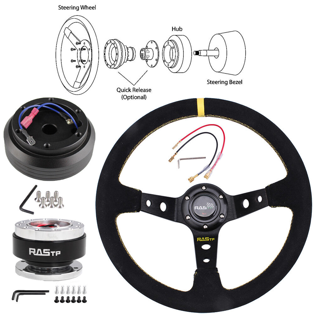 For 96-00 for Honda for Civic EK Suede Steering Wheel+Short Hub Adapter+Quick Release