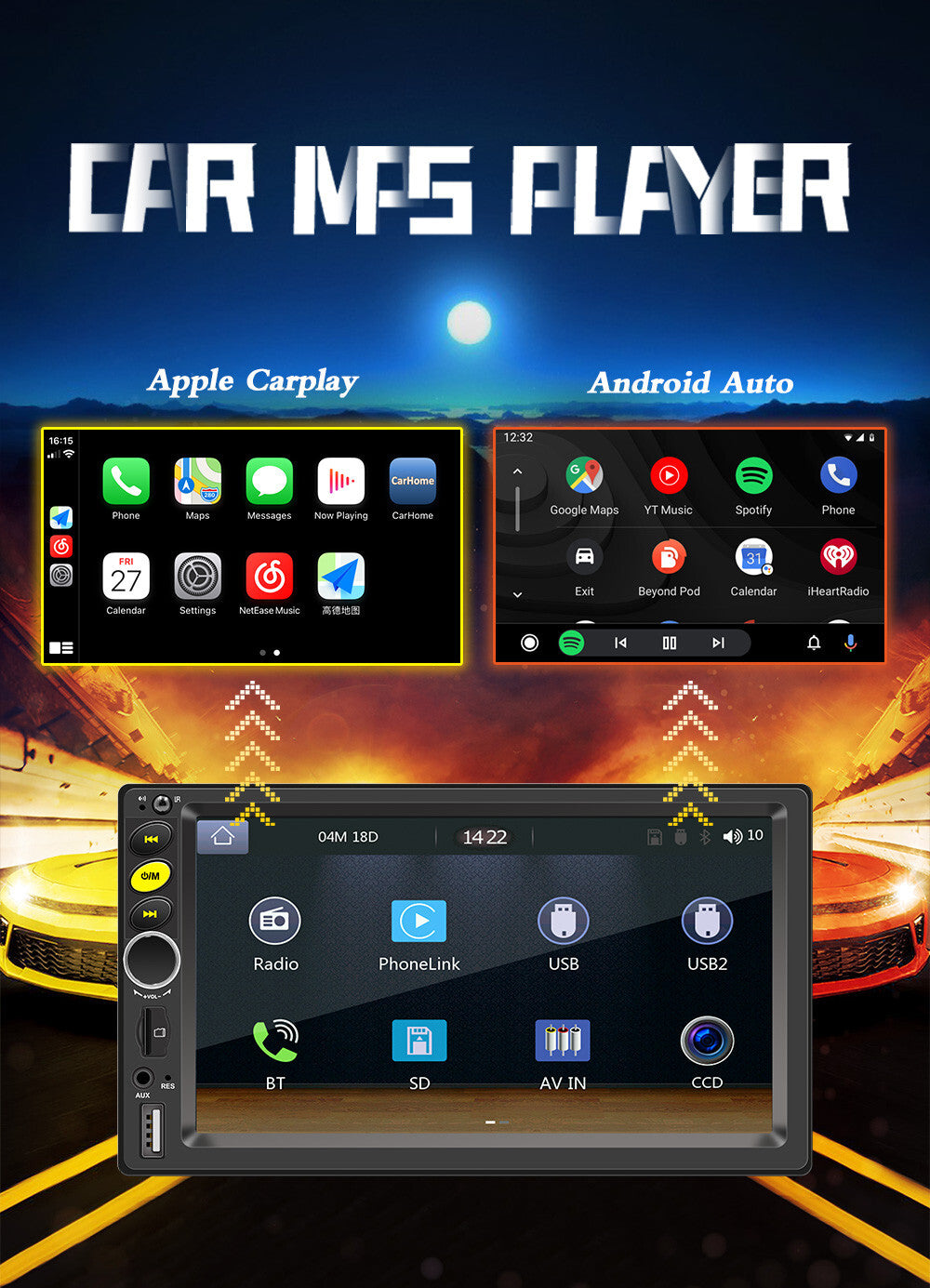 7in Touch Screen Car Stereo Radio Bluetooth For Apple Carplay Android Auto AUX