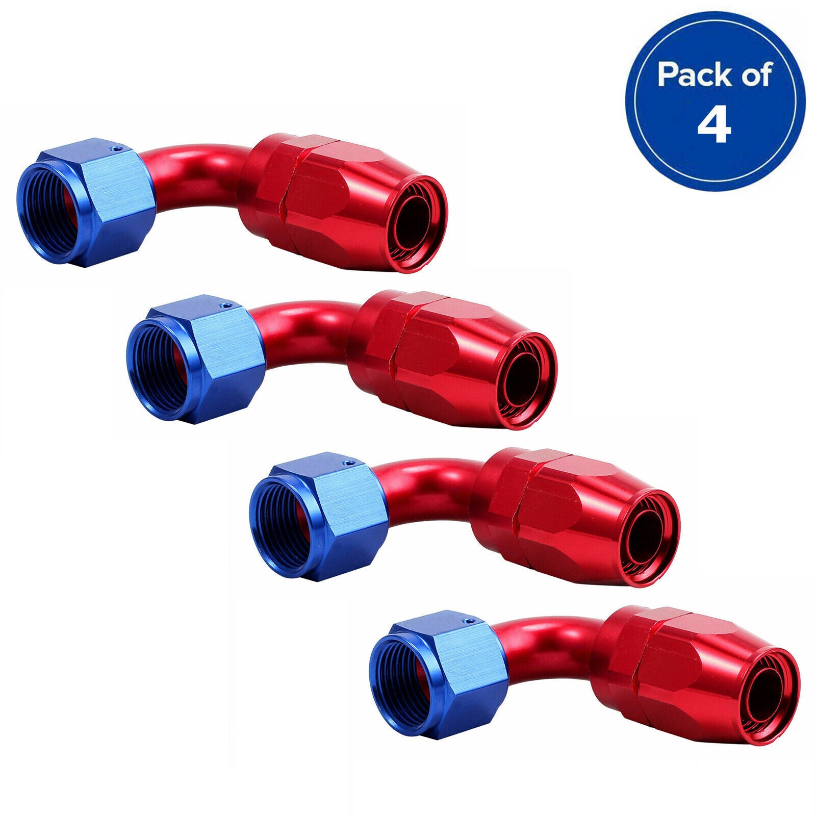 8AN 90-degree swivel hose end fitting for braided CPE fuel hoses, blue + red