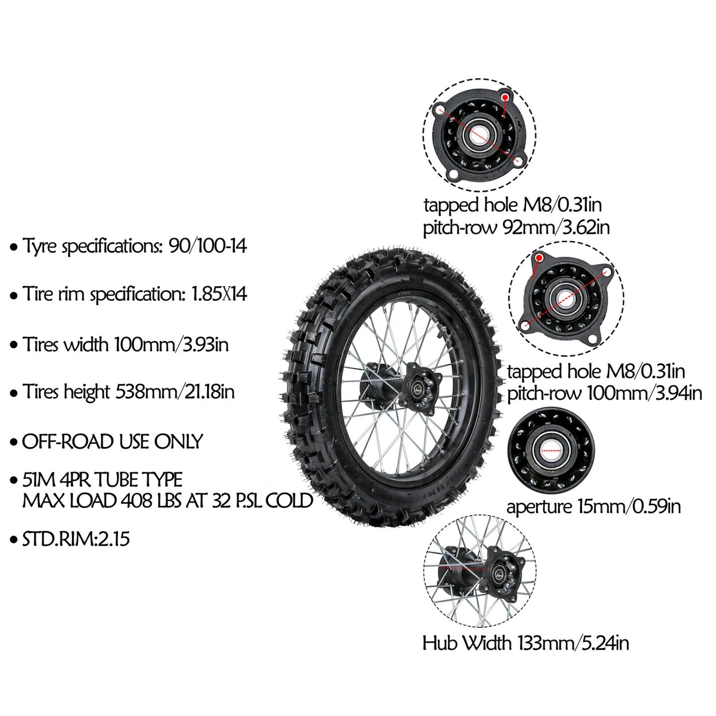 90/100-14 Rear Tire Rim and Disc Rotor Spocket Pit Bicycle Taodao SSR 125 150cc