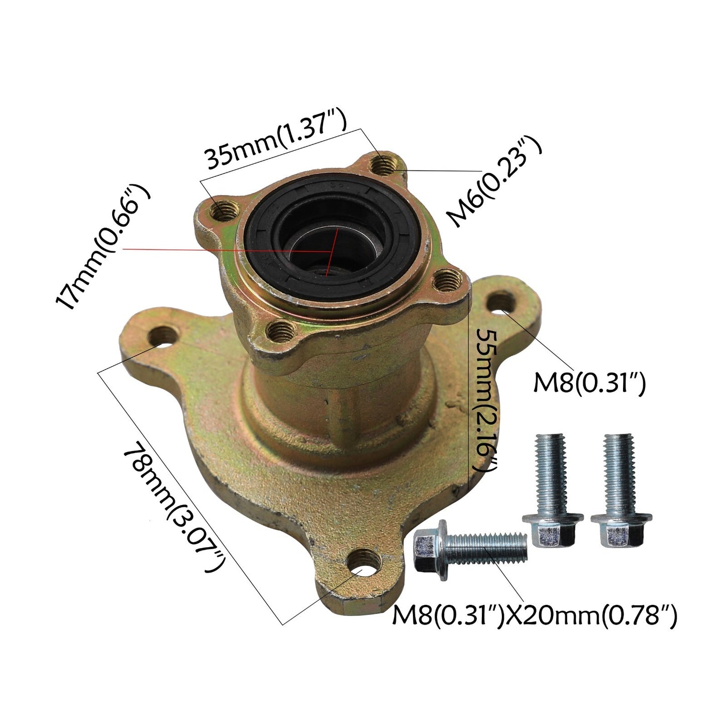 Front steering spindle 3-bolt flange hub assembly for go-karts, all-terrain vehicles, four-wheeled bicycles