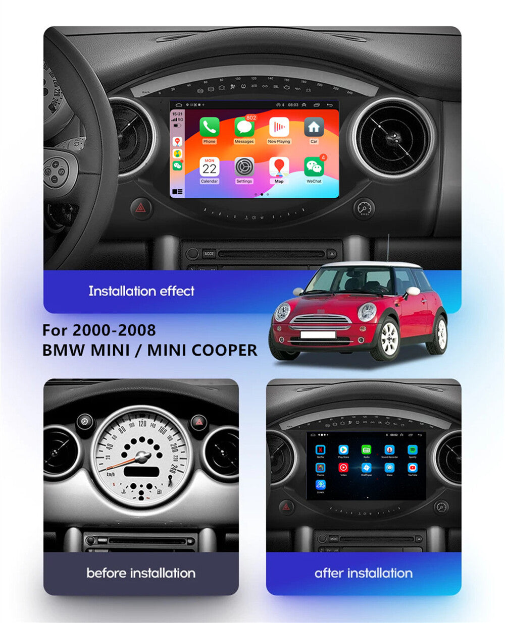 9Android 14 Car Stereo Radio Navigation for BMW for Mini / for Mini Cooper 2000-2008