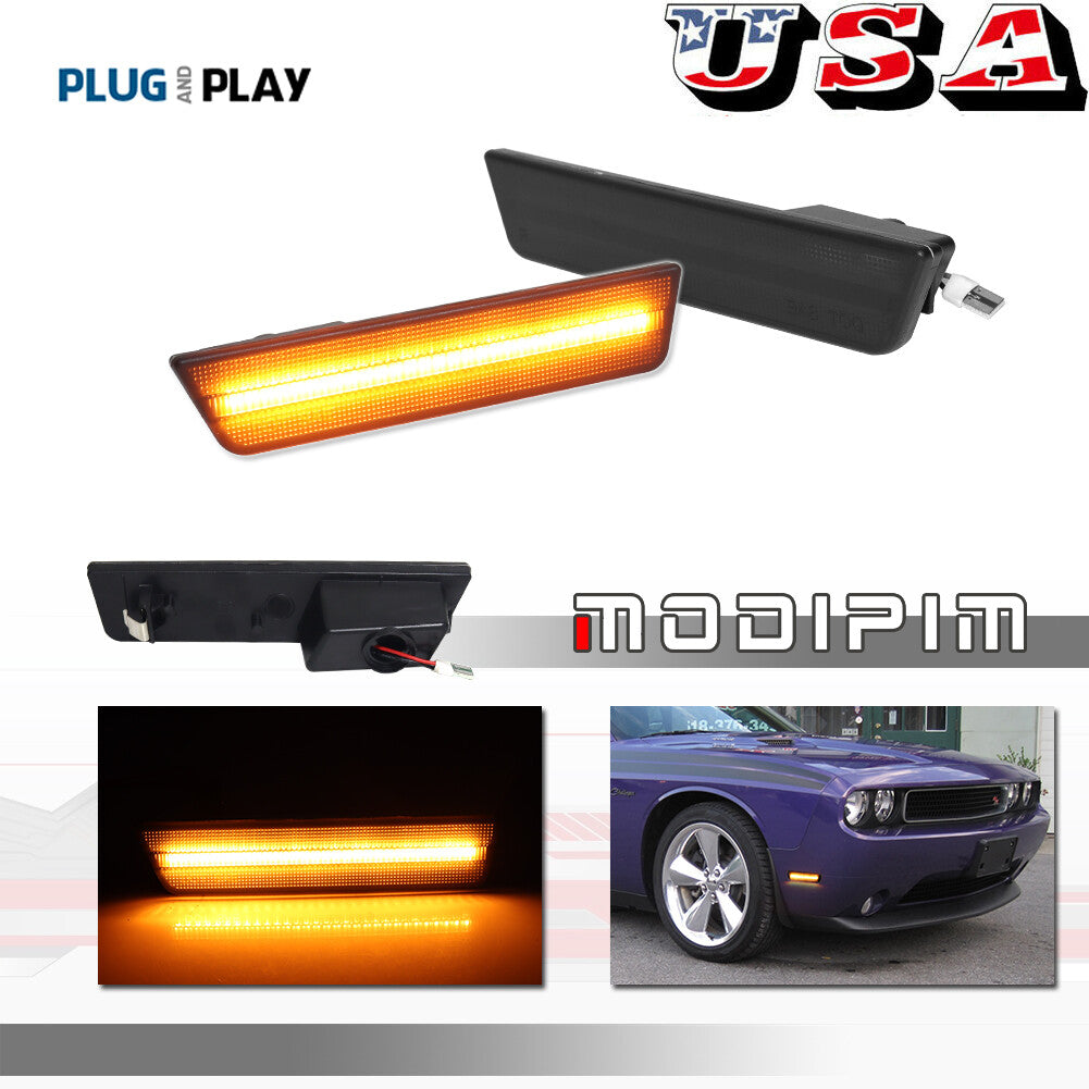 Fit 08-14 for Dodge for Challenger DARKEST SMOKE Amber LED Front Side Marker Lights