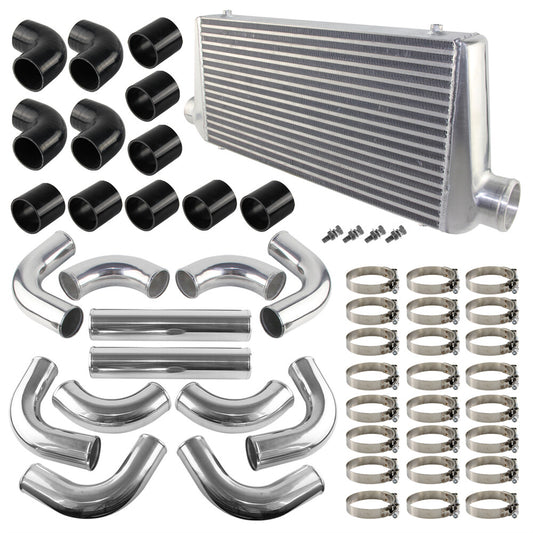 Universal Intercooler 600x300x76mm+12PCS 3 76mm Aluminum Piping Hose Clamps Kit
