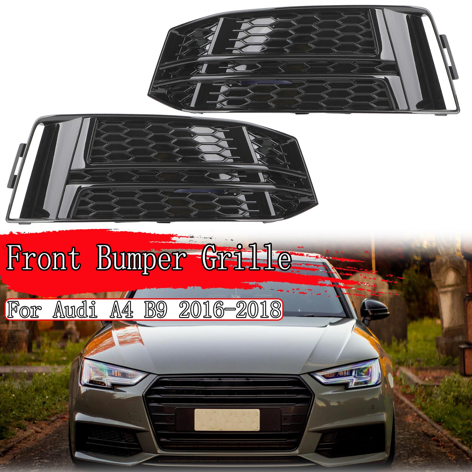 Black front bumper fog light grille protector for 2016-2018 for Audi A4 B9 S-LINE