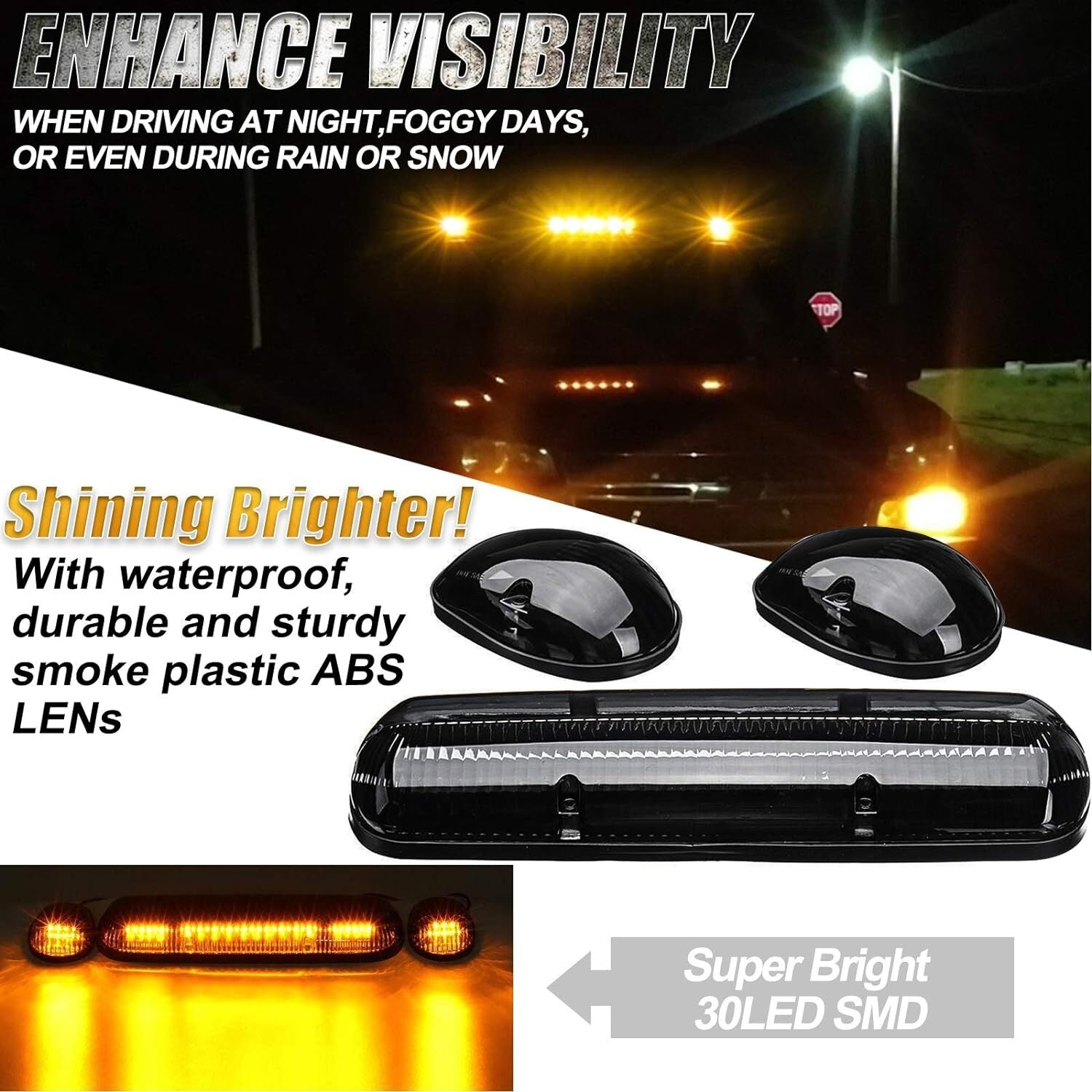 3x LED Smoked Amber Cab Roof Top Marker Lights For 2002-2007 for Chevrolet Silverado