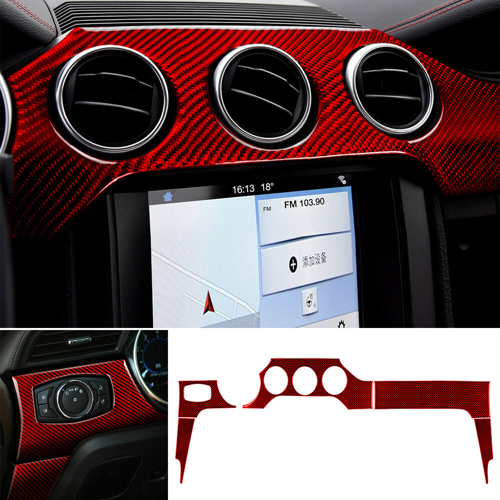 Red Carbon Fiber Dashboard Center Console Gear Panel Trim for Ford for Mustang 2015+
