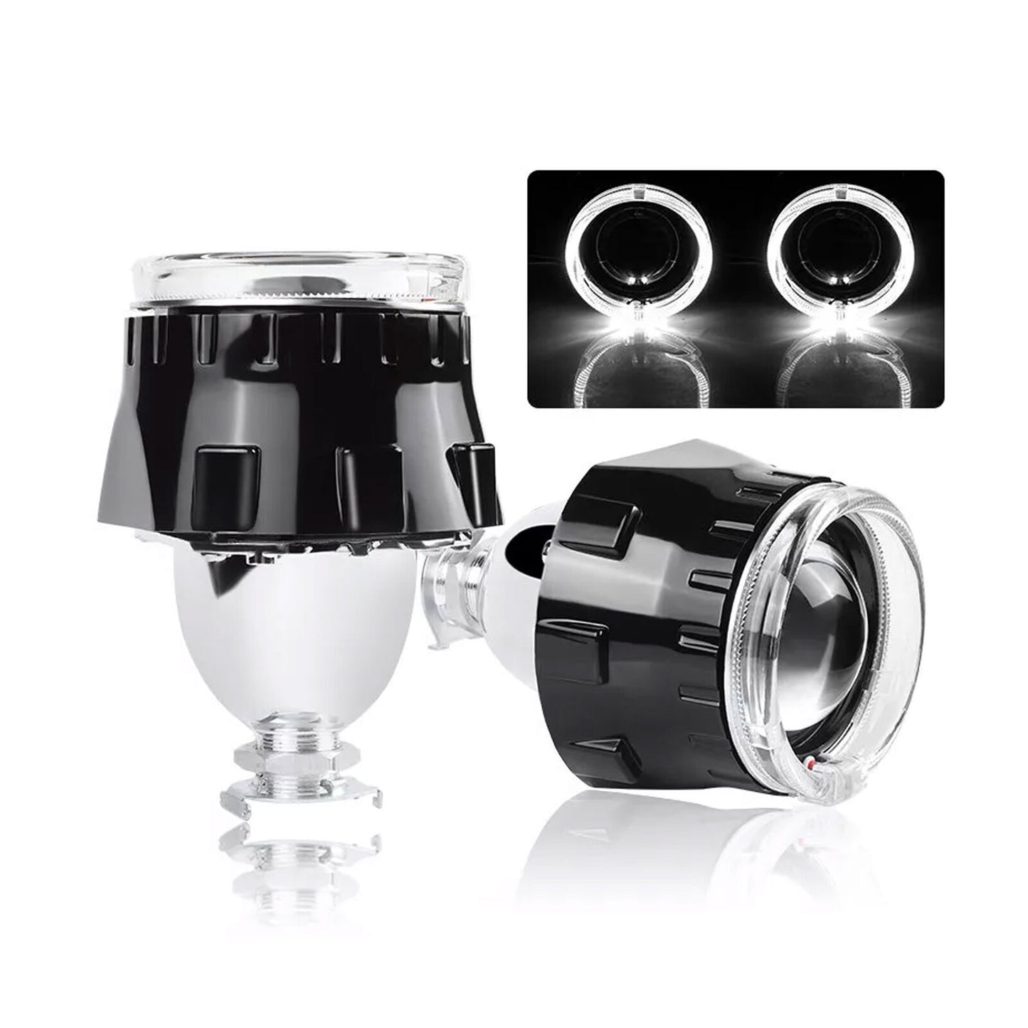 2-piece 2.5-inch RHD HID bi-xenon projector lens with white LED angel eyes modification