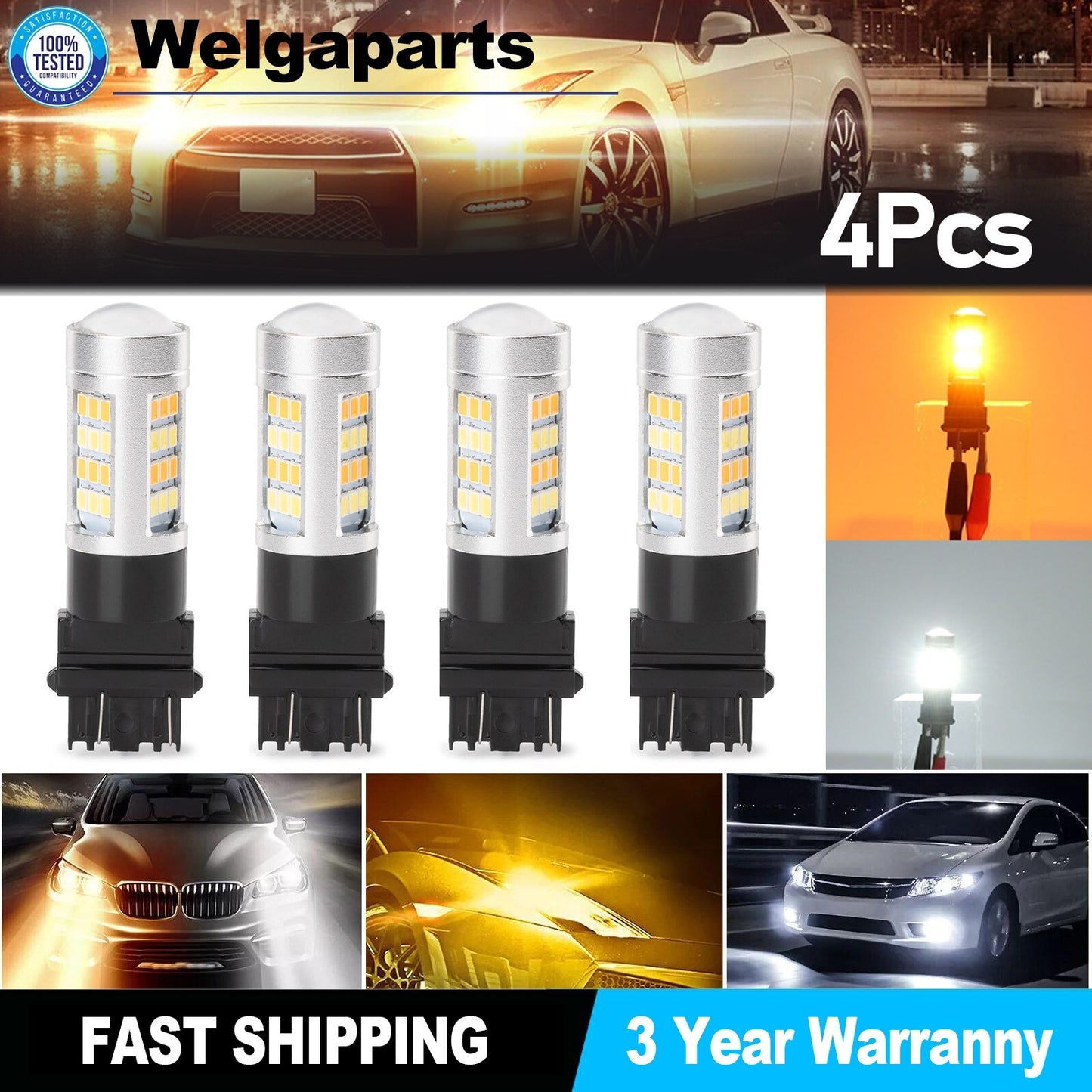 4x 3157 Error White/Amber LED DRL Switchback Turn Signal Parking Light Bulb
