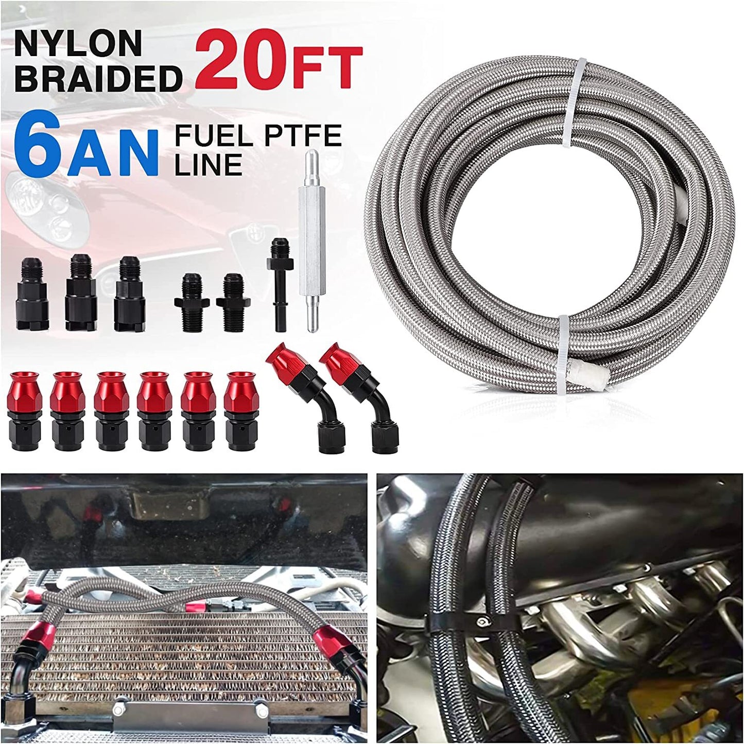 AN6-6AN AN-6 3/8 Fittings PTFE Stainless Steel Braided Oil Fuel Hose Line 20 ft