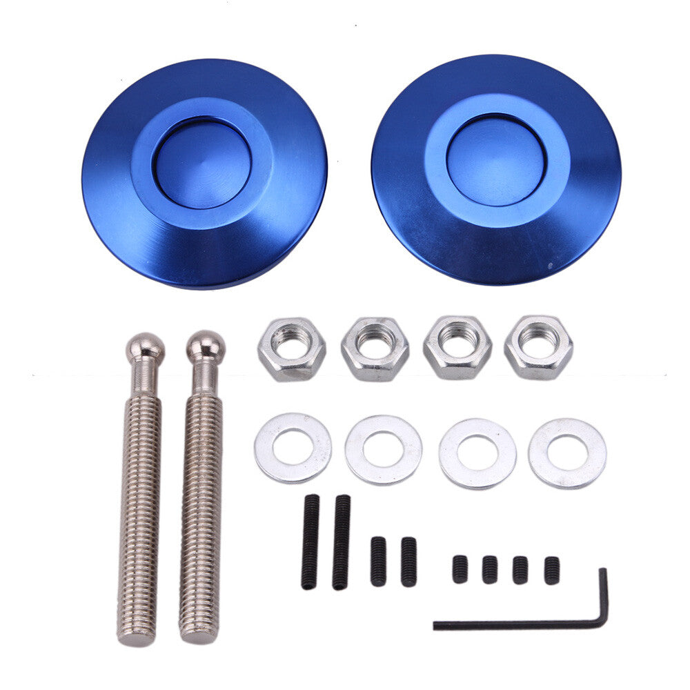 Blue Push Button Billet Round Hood Pins Lock Clip Kit Engine Bonnets Lock