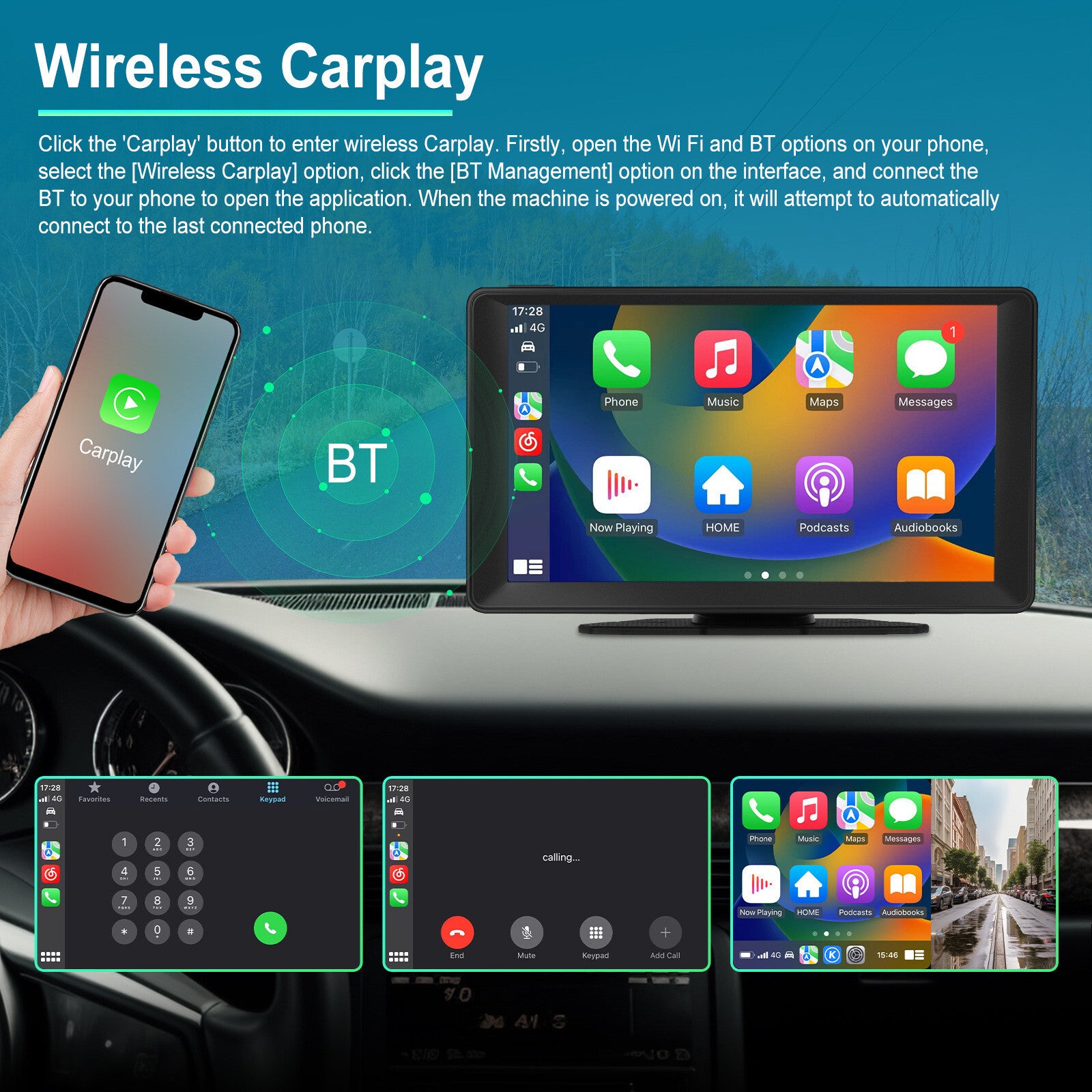 9in Car Radio Portable DVR Dash Cam For Wireless Carplay Android Auto Bluetooth