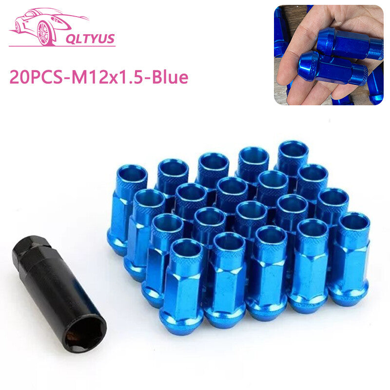 20-pack 48mm M12x1.5 Lug Nuts, Steel Open Wheel Nuts and Bolts with Socket and Key, Blue