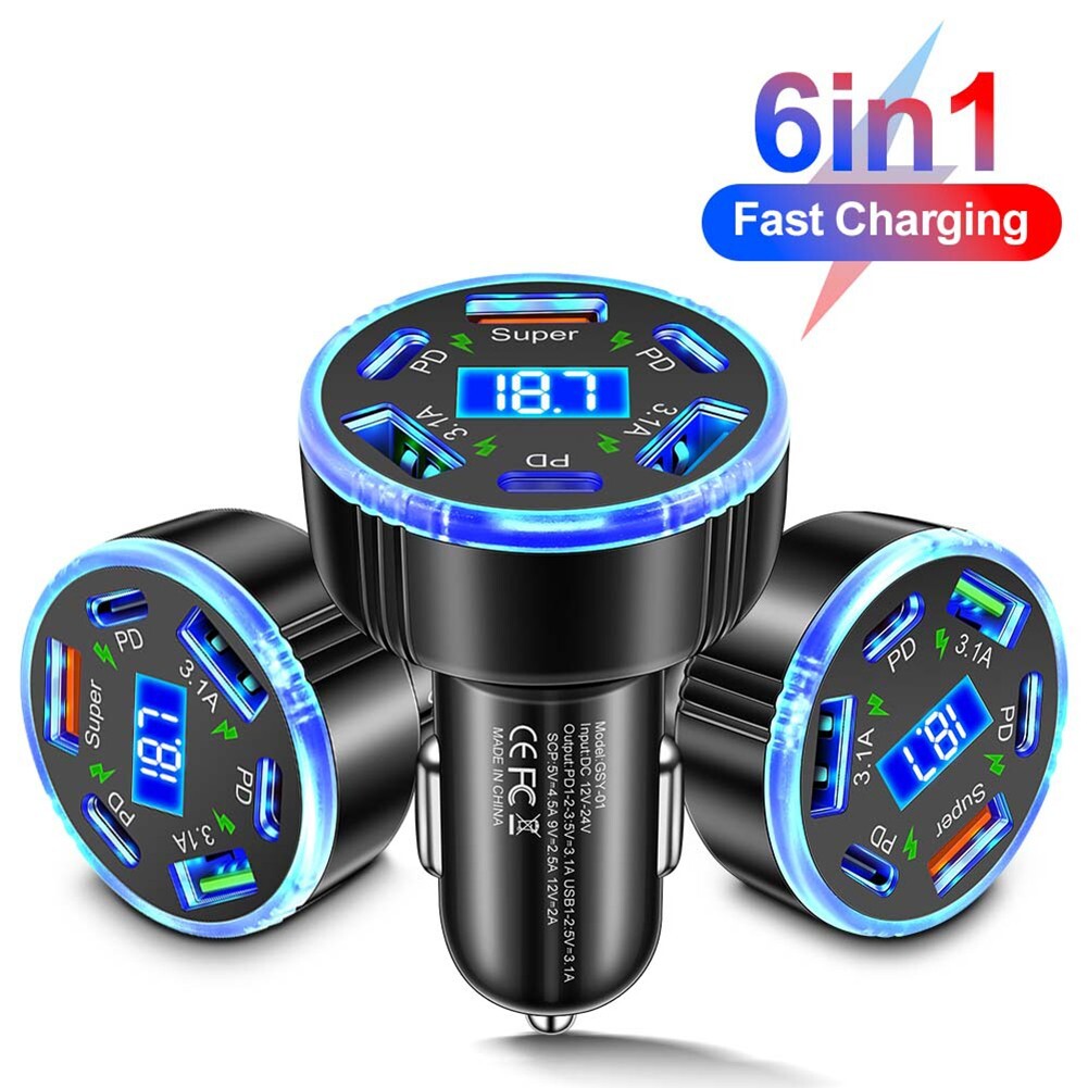 6 Ports Car Charger Fast Charging PD Car Phone Charger Type C Adapter in Car