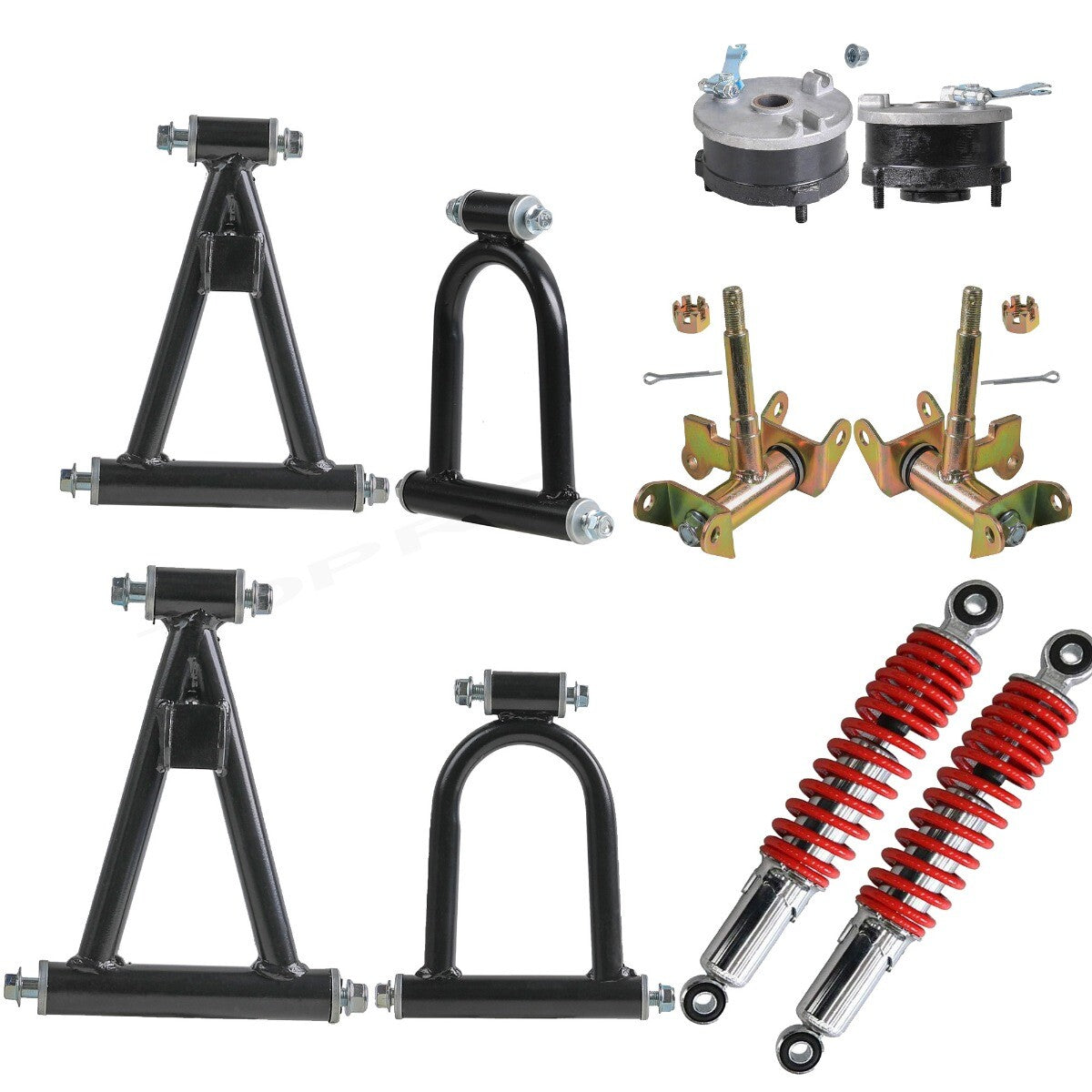 Front suspension arm kit upper/lower control arms for four-wheeled bicycles, all-terrain vehicles, and go-karts.