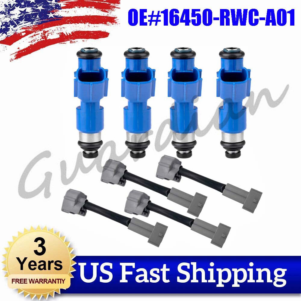 4-Piece Fuel Injector Kit with Adapters 410cc 16450-RWC-A01 for Honda for Acura for RDX