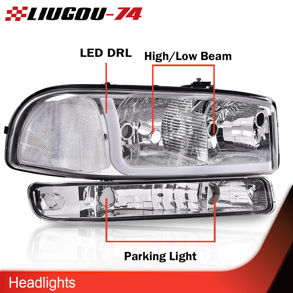LED DRL headlights with bumper turn signals suitable for 99-07 for GMC for Sierra for Yukon chrome.
